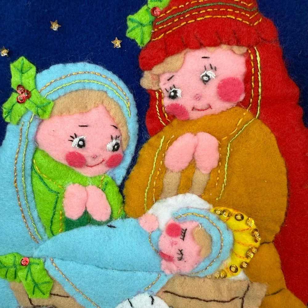 VTG Felt Appliqué Wall Decor Nativity Scene Sheep Silent Night Hand‎ Made 17x11